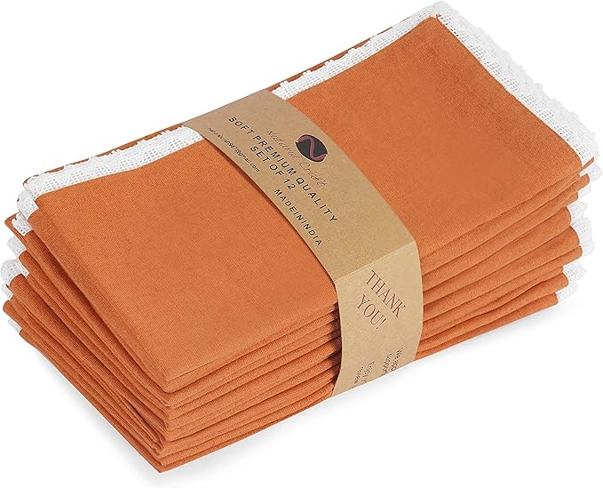 NATURALCRAFT 20X20 inch Oversized cloth Napkins Cotton linen 12 Pack Premium Quality Mitered Corners With Elegant Lace for Everyday Use Napkins are Pre Shrunk And Good Absorbency With Lace (RUST LACE)