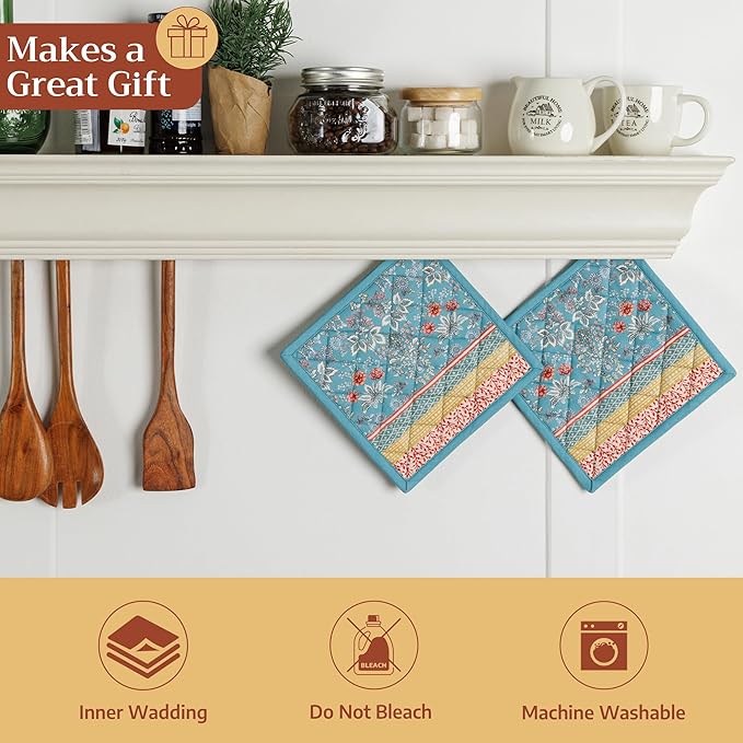 Maison d' Hermine Pot Holders 100% Cotton Heat Resistant Potholders 8" x 8" Hot Pads with Loop BBQ Cooking Baking Gifts for Mothers Day Handling Hot Pans Spring/Summer (Pack of 1, Marquise)