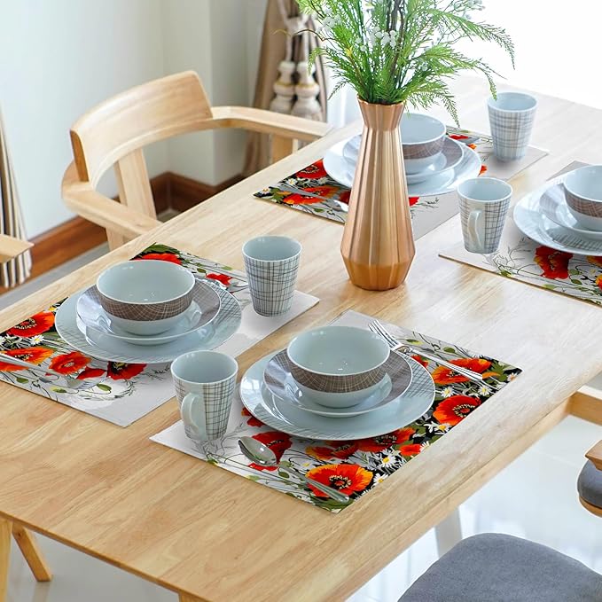 Giwawa Poppy Flowers Placemats Set of 4, 12"x18" Rustic Red Orange Floral Linen Place Mat, Spring Summer Washable Non-Slip Table Mats for Kitchen Dining Party Picnic Indoor Outdoor Decor