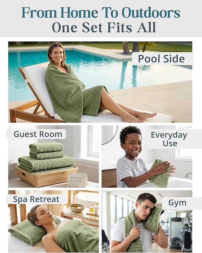 Casa Platino 100% Luxury Bath Towel Pack of 12 - Softer, High Absorbency & Durable - 4 Bath, 4 Wash Cloth, 4 Hand Towels for Bathroom - Premium Look, Spa Quality, Solid Dyed Towels - Oil Green