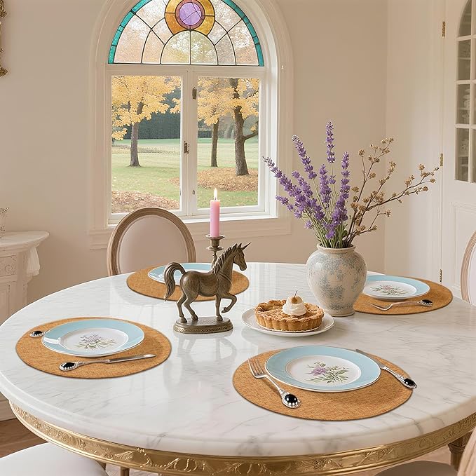homing 15 Inch Round Cloth Placemats Set of 6, Cotton Linen Blend Washable Table Mats, Farmhouse Dining Place Mats for Indoors & Outdoors, Easy to Clean, Amber