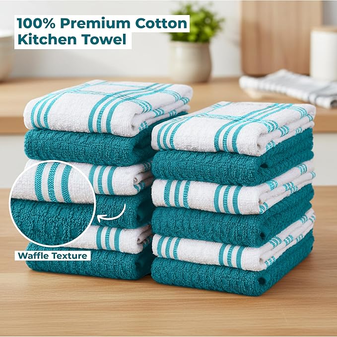 RIVERSIDE Pack of 12 Premium Kitchen Towels 16 x 26 Inches, 100% Cotton Kitchen Hand Towels, Super Soft and Highly Absorbent Dish Towels for Kitchen (Teal)