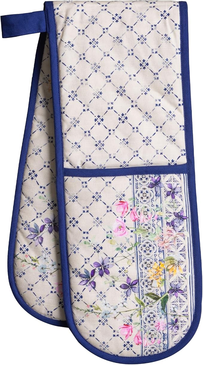 Maison d' Hermine Double Oven Mitts 100% Cotton 7"x35" Double Oven Mitt Heat Resistant BBQ Cooking Gloves with Loop Baking Grilling Gifts for Mothers Day Spring Summer (Faience)