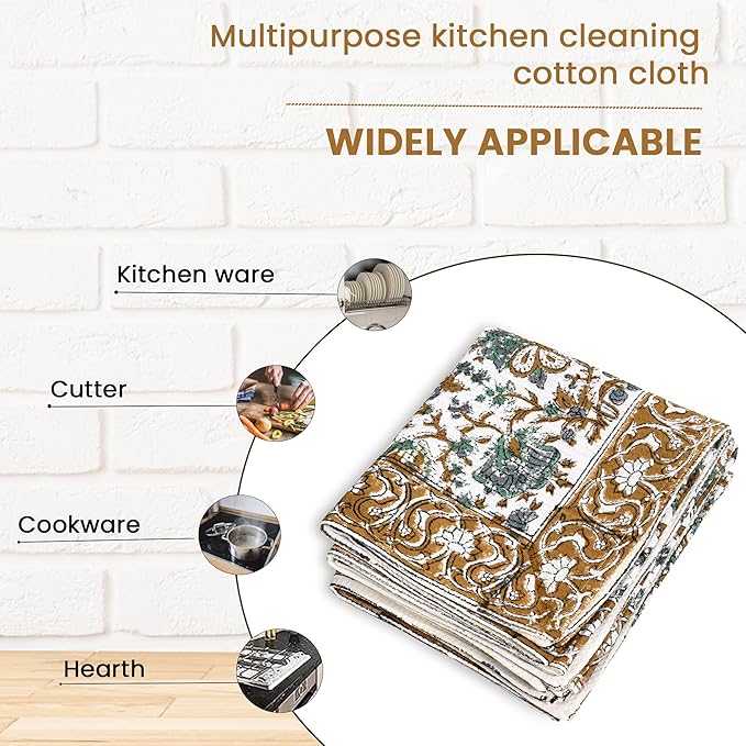 CPC Harvest Bloom Hand Block Print Waffle Kitchen Towel Set of 3-16 x 28 Inch Ultra Absorbent Quick Dry Cotton Dish Towels Lightweight Reusable Sustainable Tea Towels for Cleaning and Drying