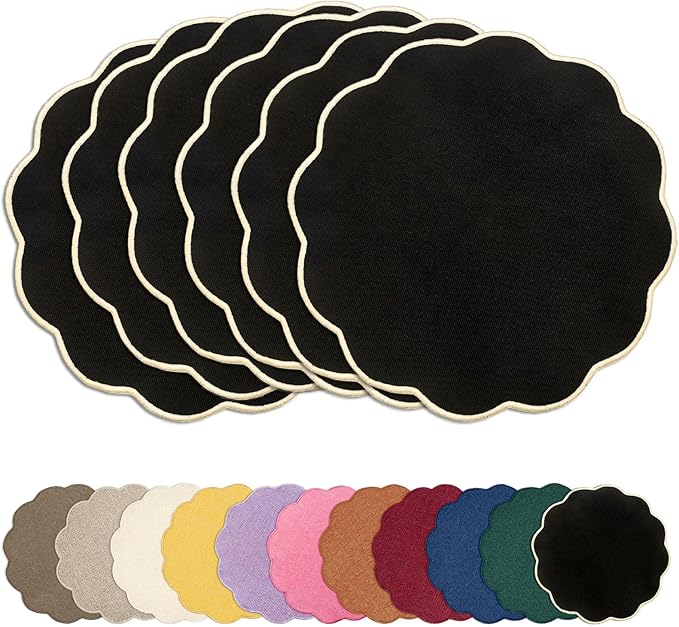 AHHFSMEI Round Faux Linen Placemats Set of 6 Heat Resistant Non-Slip Stain Proof Table Mats for Kitchen Dining Elegant Decor Place Mats (6, Black)