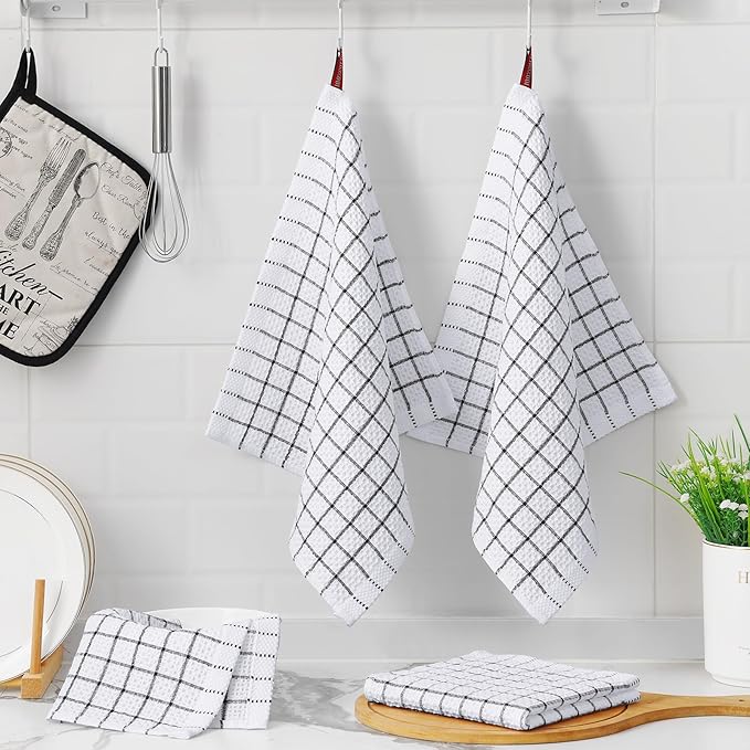 Homaxy 100% Cotton Dish Cloths, 12 Pack-12 X 12 Inches, Check Design Waffle Weave Dish Rags for Washing Dishes, Ultra Absorbent and Fast Drying Dishcloths, Black