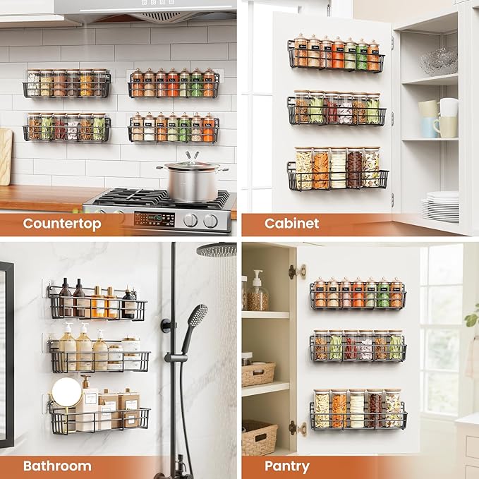 Mystozer Spice Rack Organizer Wall Mount, Hanging Spice Pantry Storage Shelf Organization, 4 Pack Space Saving Seasoning Organizer for Kitchen Cabinet, Door or Bathroom, Black
