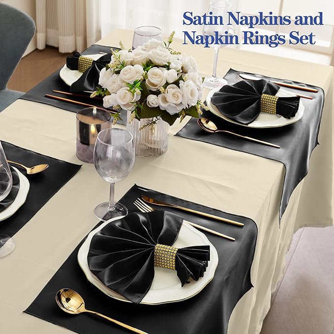 RUDONG M 100 Pcs Black Satin Napkins and Napkin Rings Set, 17 x 17 Inch Square Cloth Napkins Set of 50, Silky Soft Table Napkins Bulk for Weddings, Banquet, Parties Dinner Decoration