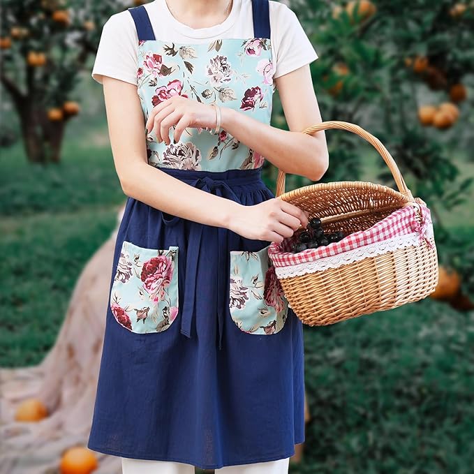 Pinknoke Vintage Pinafore Apron Dress for Women with Pockets Cute Floral Chef Aprons for Kitchen Cooking Baking Gardening