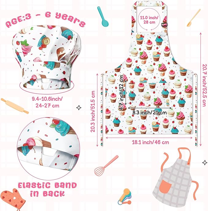 GROBRO7 4Pcs Kids Apron and Chef Hat Set Gift for Girls Boys, Cupcake Animal Prints Adjustable Kitchen Cooking Child Aprons with 2 Pockets Waterproof Smocks for Baking Painting Crafting