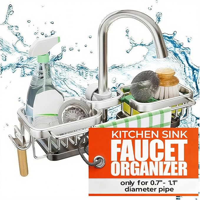 Kitchen Sink Faucet Organizer,Sponge Holder Caddy Rack Multifunction Shelf for Soap,Dish Accessories, Adjustable for 0.7-1.1 Inch Round Water Pipe (Either Side Silver)