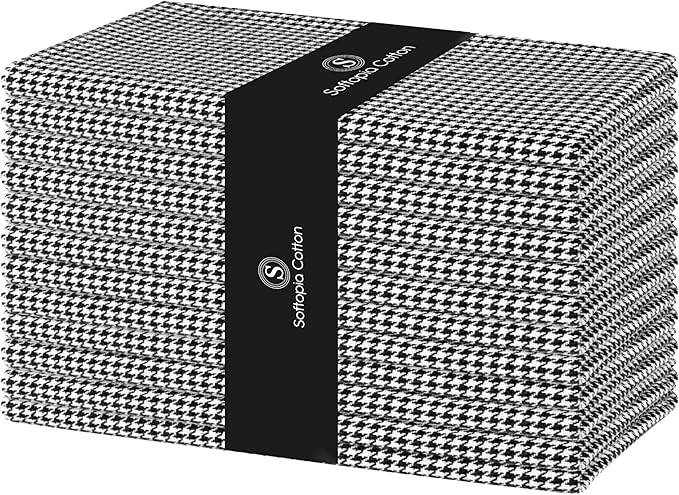 Cloth Napkin 100% Cotton 18Inch x 18Inch Decorative Washable Houndstooth Check Napkins Table Napkin for Dining, Kitchen, Parties & Camping - Black (Set of 12)