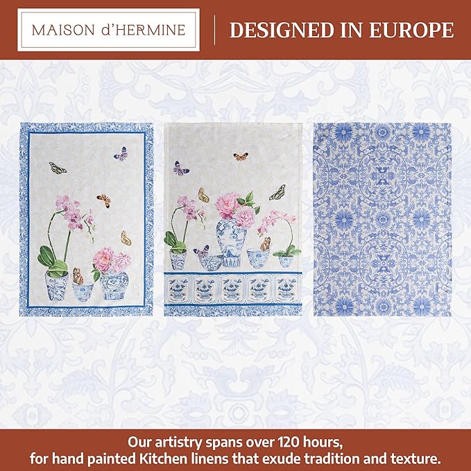 Maison d' Hermine Kitchen Towels Set of 3 100% Cotton 27.50" x 20" Reusable Cloth Tea Dish Towels Absorbent with Hanging Loop for Kitchen Gifts for Mothers Day Spring/Summer (Canton)
