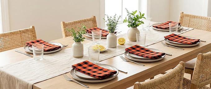 PurpleEssences Buffalo Plaid Cloth Napkins - Mitered Corners - Spring Easter Summer - Gingham Check Dinner Napkin - Set of 12-100% Cotton - 18x18 Inch - Reusable Washable - Orange and Black