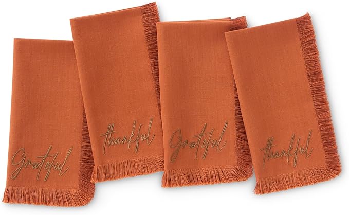 Elrene Home Fashions Fringed Harvest Sentiment Cotton Napkins, Set of 4, 17"x17", Rust