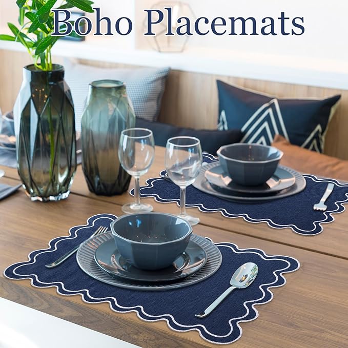 Set of 4 Cotton Linen Placemats, 13x19 Inch Scalloped Wavy Embroidery Placemat Double Layered Washable Rustic Rectangle Dinner Table Mats for Kitchen Wedding Home Party Decor(Navy Blue)
