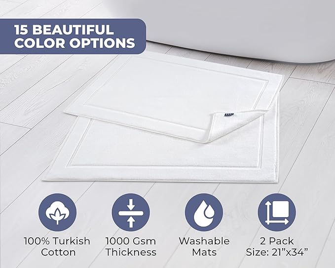 Hawmam Linen White Bath Mats, 21 x 34 inches, Pack of 2-100% Ring Spun Cotton,[Not a Bathroom Rug] Banded Design, Highly Absorbent, Machine Washable for Bathroom Floor Towel