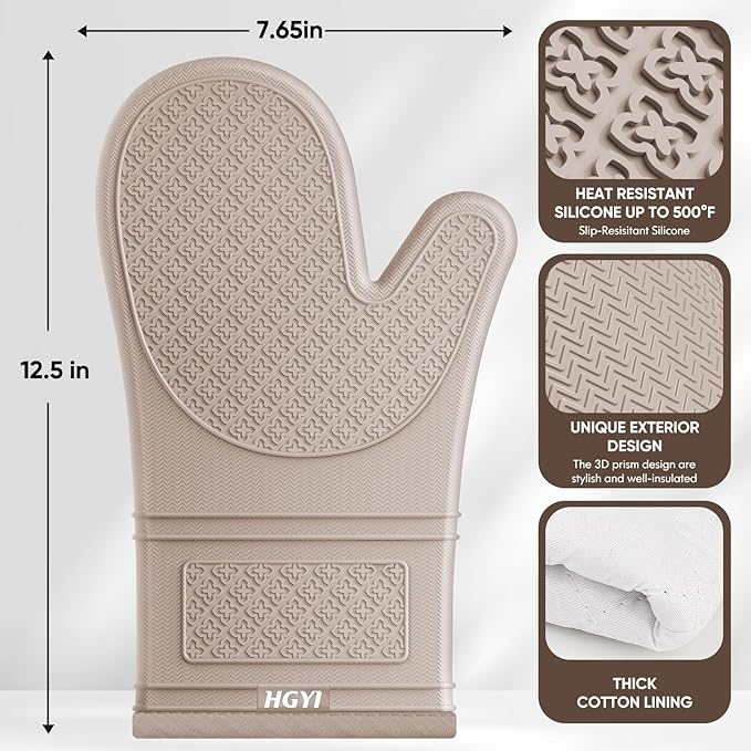 Silicone Oven Mitts, Heat Resistant Oven Gloves with Quilted Liner, Waterproof & Non-Slip Kitchen Mittens for Baking Cooking BBQ, 500°F, 12.5"-Milkshake Beige
