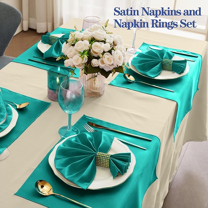 RUDONG M 100 Pcs Teal Satin Napkins and Napkin Rings Set, 17 x 17 Inch Square Cloth Napkins Set of 50, Silky Soft Table Napkins Bulk for Weddings, Banquet, Parties Dinner Decoration