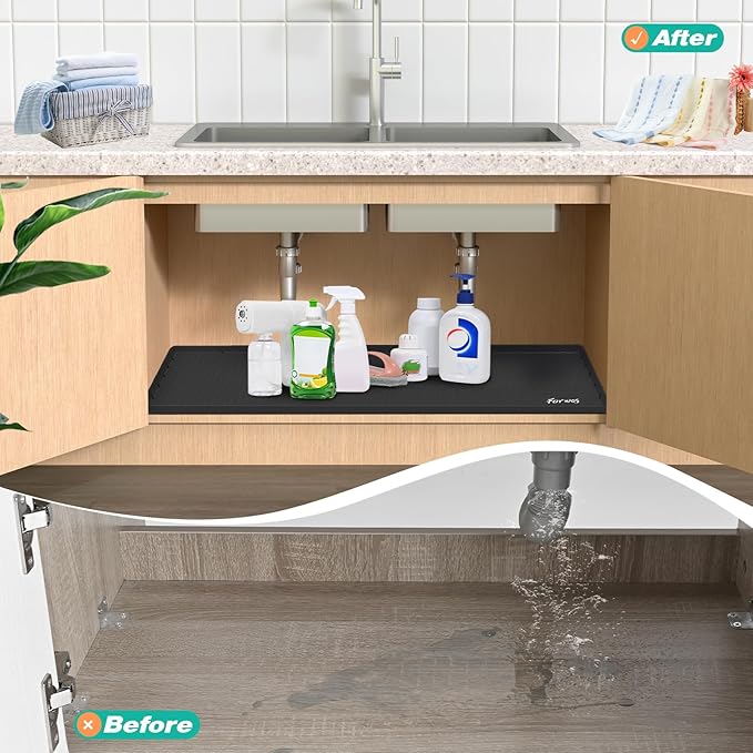 Waterproof Under Sink Mat 28" x 19", Silicone Cabinet Liner, Rubber Protector for Kitchen and Bathroom, Keeps Cabinets Clean, Dry, and Organized (Black)