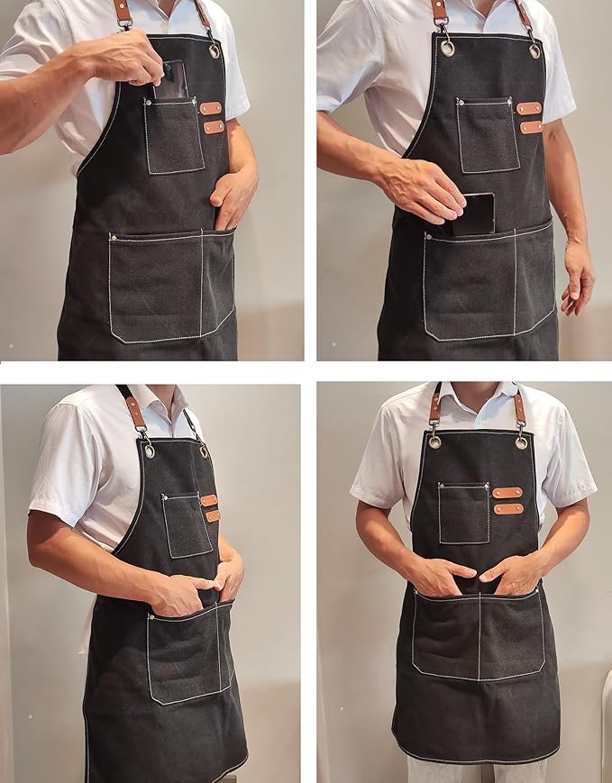 Chef Apron with Large Pockets for Women Men, Cotton Canvas Cross Back Water Repellent Adjustable Work Apron
