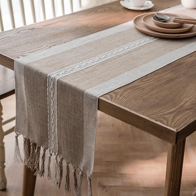 Niviy Farmhouse Table Runner, Embroidered Striped Braided Coffee Boho Table Runner, Cotton Linen Farmhouse Table Decoration for Holiday Party 12 x 48 Inches