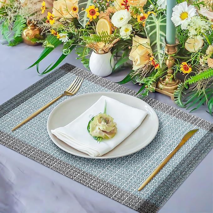 Blue Grey Placemats Set of 4, 12x18 Inch Heat-Resistant Washable Easy to Clean Place Mats, Faux Linen Cloth Table Mats Suitable for Indoor/Outdoor Parties & Kitchen Decor (Blue Grey)