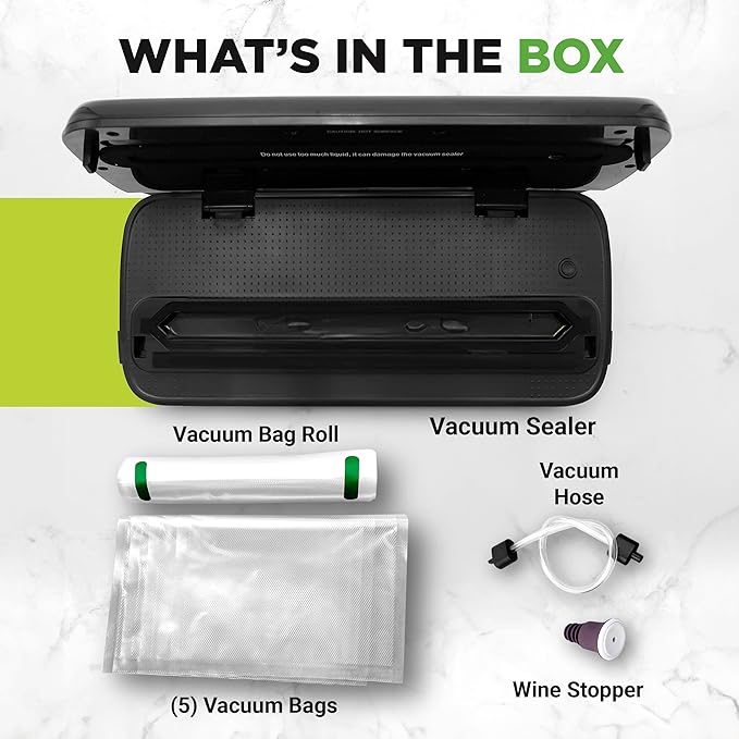 NutriChef Food Vacuum Sealer Machine, 110W Stainless Steel Automatic Chamber Vacuum Sealer with LED Touch Controls, For Food Storage, 5 Reusable Vacuum Bags, Hose & Wine Stopper, 14" x 6" x 3"