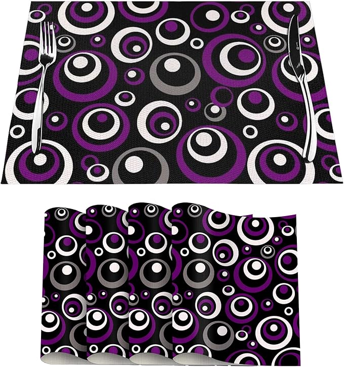 Purple Black Geometric Circles Linen Placemats 12 x 18 Inch Set of 4, Washable Heat Resistant Purple Table Mats for Dining Table Kitchen Party Wedding Outdoor, Modern Home Decor & Gift for Art Lovers