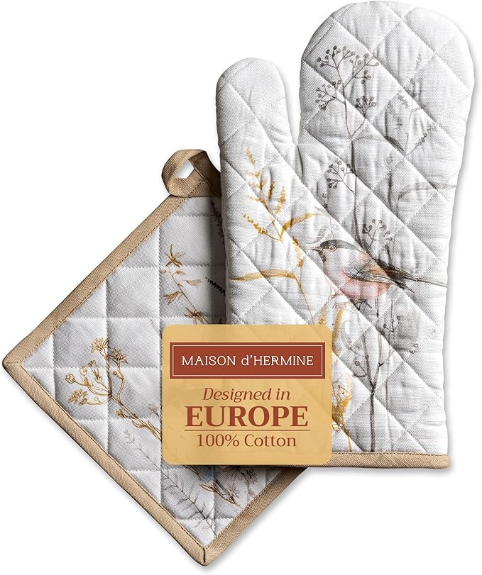 Maison d' Hermine 100% Cotton Oven Mitt & Pot Holder Set (7.5"x13" & 8"x8") Heat Resistant BBQ Cooking Gloves with Loop Baking Kitchen Gifts for Mothers Day Spring/Summer (Meadow Florals - Beige)