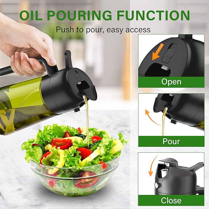 Vakoo Oil Sprayer for Cooking, 2 in 1 Oil Dispenser for Kitchen, 16oz/470ml Light-Blocking Dark Glass Olive Oil Spray Bottle, Air Fryer, Salad & BBQ (Black&White)