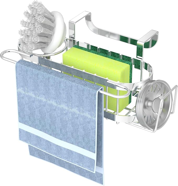 Cisily Silver Kitchen Sink Caddy Sponge Holder in The Sink, Stainless Steel Kitchen Organizer, Brush Holder, Dish Cloth Hanger 2 Installation Ways (Hanging& Adhesives