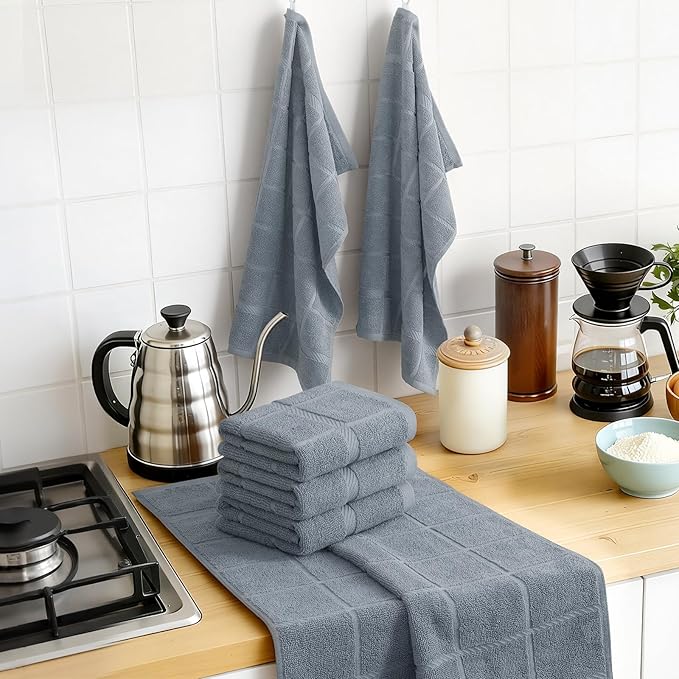 Homaxy Premium Kitchen Towels 18"x28", 4 Pack Large Cotton 380 GSM Dish Towels, Soft and Absorbent Kitchen Hand Towels with Terry Grid Design, Utility Tea Towel Set with Hanging Loop, Grey