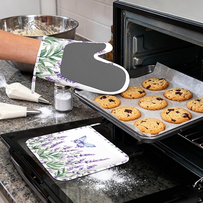 Lavender Heat-Resistant Silicone Oven Mitts and Pot Holders 4 Piece Set,Purple Butterfly Extra Long Non-Slip Kitchen Oven Gloves for Cooking, Baking, BBQ,Grilling