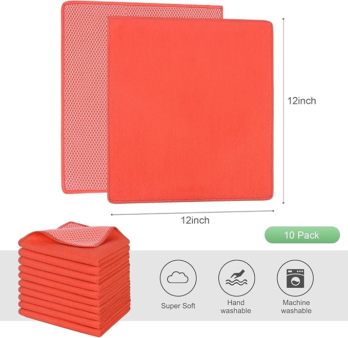 SINLAND Microfiber Dish Cloth for Washing Dishes Dish Washing Rags Best Kitchen Washcloth Cleaning Cloths Wash Cloths with Poly Scour Side 12Inchx12Inch 10 Pack Red
