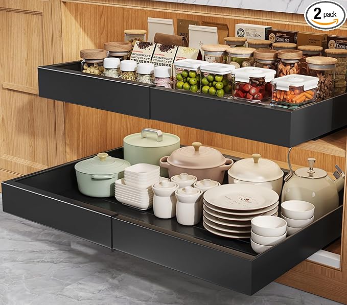 Seinloes 2 Pack Pull Out Cabinet Organizers 21" Deep With Raising Pad for Framed Cabinets, Expandable Width (15.2"-26.3") Slide Out Drawers Upgrade 3 Slide Rails, Roll Out Shelves Adhesive, Black