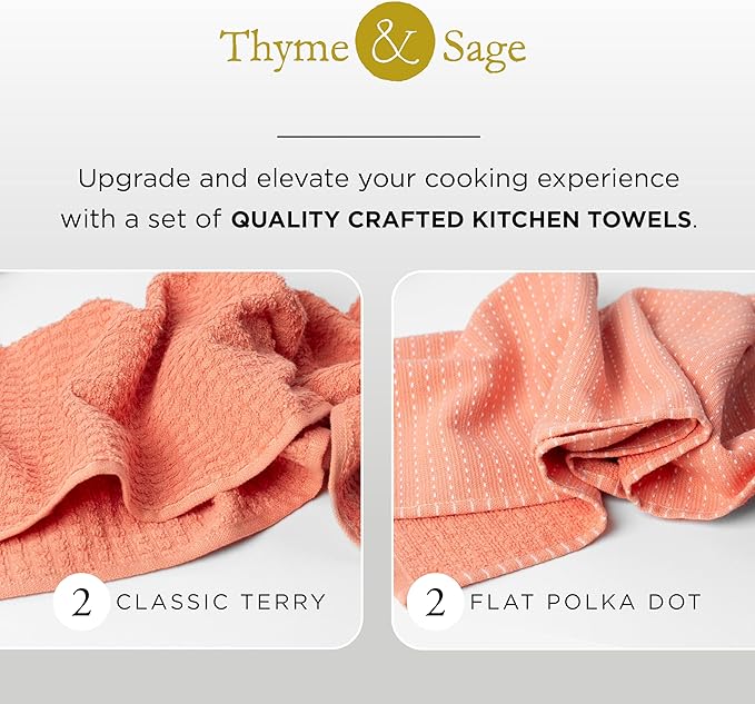 Thyme and Sage 100% Cotton Premium Turkish Kitchen Hand Towel Set, 16"x26", Ultra Absorbent, 350 GSM, Salmon, Pack of 4
