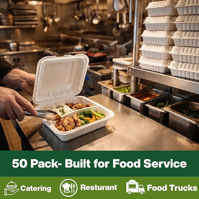 9x9 3-Compartment Hinged Vented Food Containers, 50 Pack – Clamshell Takeout Containers, Meal Prep Food Storage, 3 Compartment Food Containers, To Go Boxes & Cake Slice Box - White