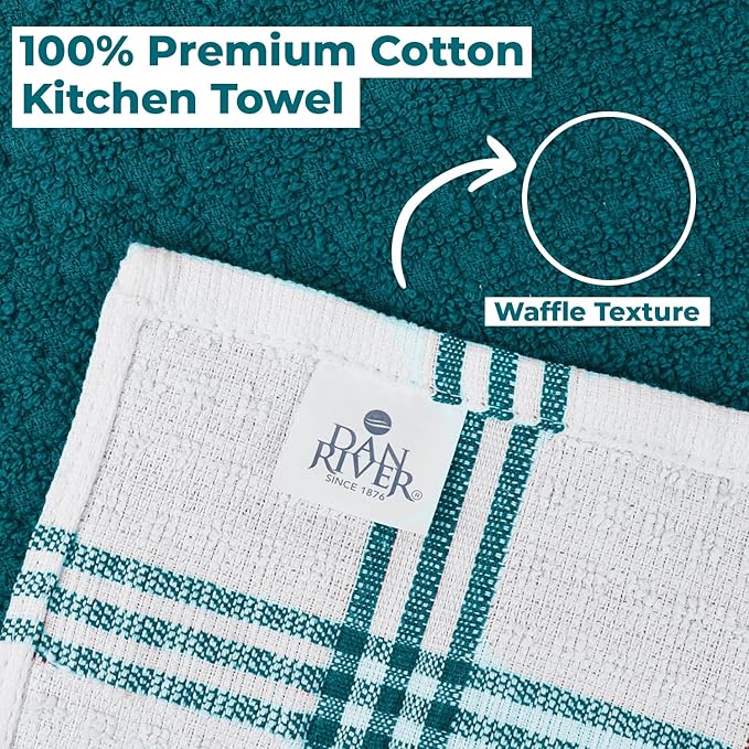 DAN RIVER Premium Kitchen Towels - [Pack of 12] 100% Cotton (16x 26 Inches) -Super Soft,Highly Absorbent, Quick Dry, Dish Towels for Kitchen Towels -Teal