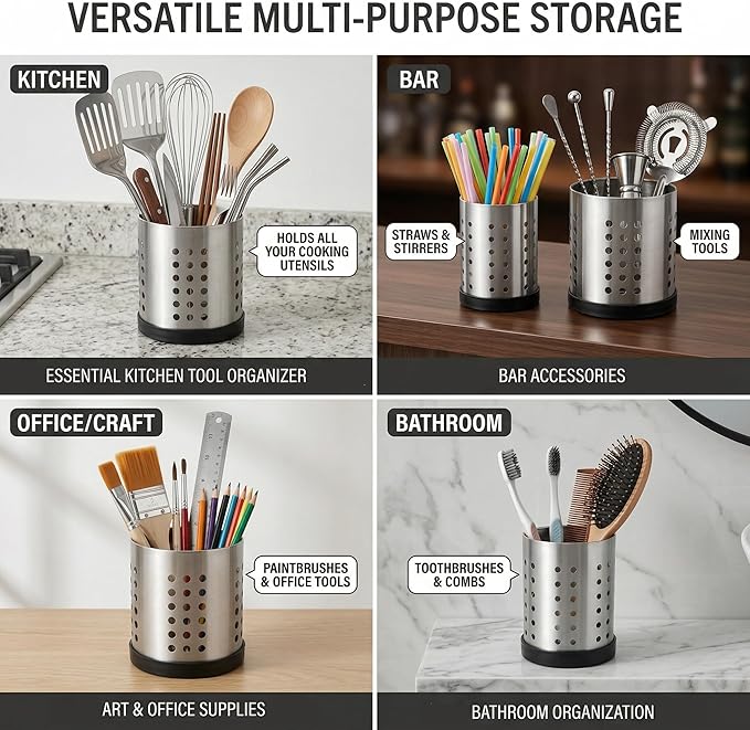 TOPZEA Set of 4 Kitchen Utensil Holder, Stainless Steel Cooking Utensil Organizer Flatware Silverware Holder Drying Rack Cylinder Kitchen Countertop Caddy for Chopstick, Spoon, Fork, Cultery, Straw