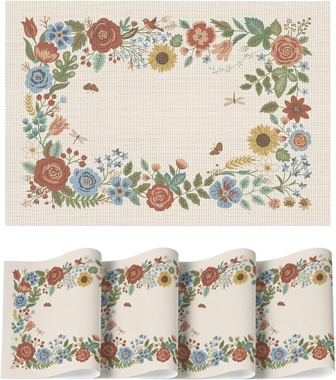 Artoid Mode Beige Florals Butterfly Spring Vinyl Placemats Set of 4, Washable Non-Slip Plastic Table Mats for Vintage Holiday Party Kitchen Dining Decor