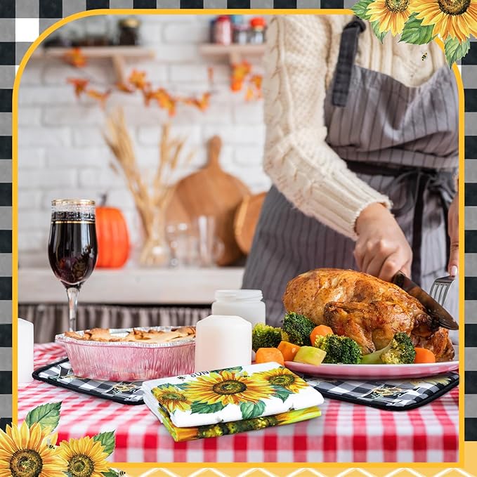 Leinuosen 8 Pcs Sunflower Checkered Kitchen Towels and Dishcloths Sets Oven Mitts and Pot Holders Sets Absorbent Kitchen Gloves Potholders Heat Resistant for Chef Baking Cooking
