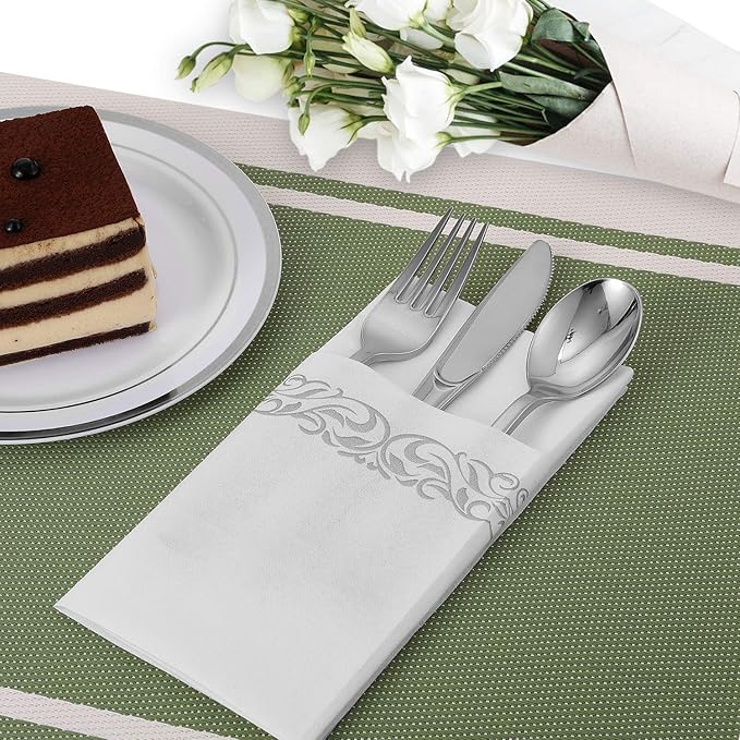 FOCUSLINE 200 Linen Feel Disposable Bathroom Napkins, Soft and Absorbent Paper Guest Towels, Cloth-Like Paper Hand Towels Decorative Napkins for Parties, Weddings, Dinners or Events, Silver, 12" x 17"