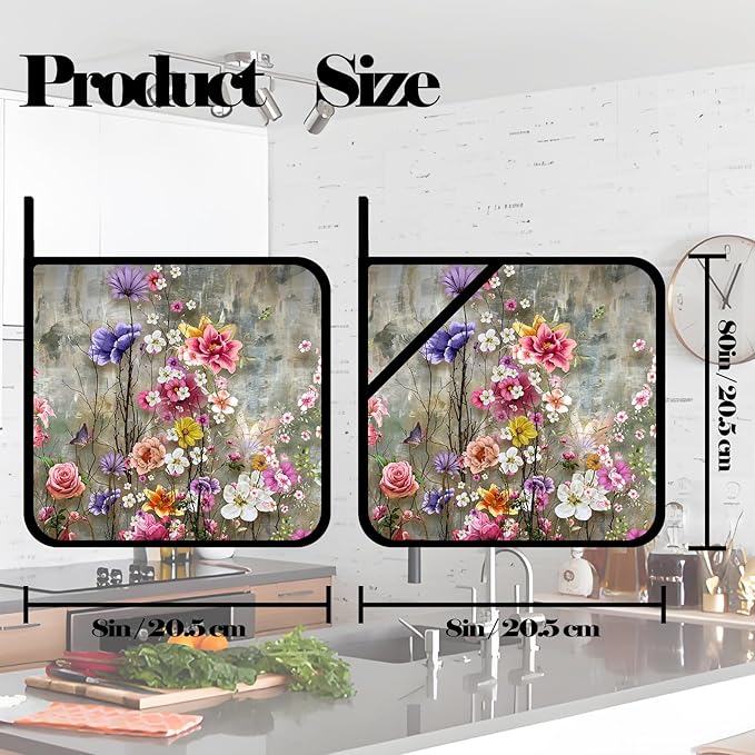 Vintage Watercolor Rose Flowers Pot Holders Set of 2,Kitchen Heat Resistant Potholder for Microwave Cooking Baking Oven and BBQ