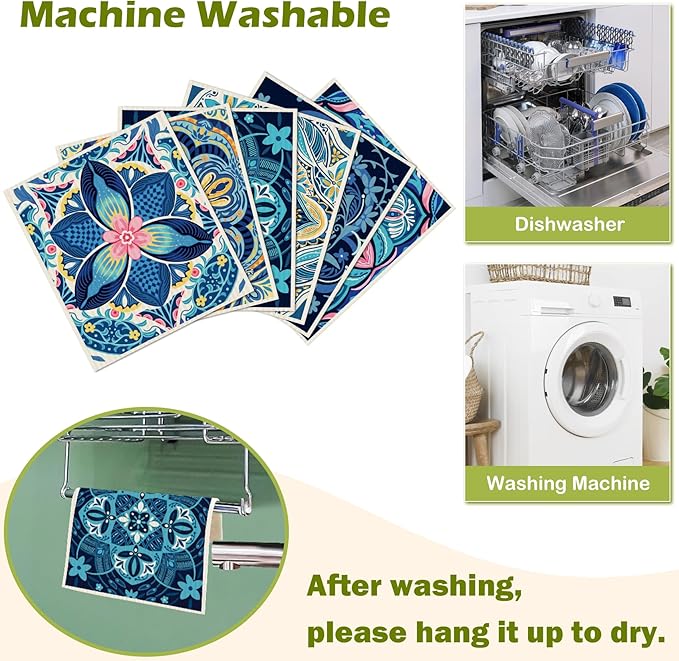 6 Packs Swedish Paper Cloths for Kitchen, Reusable Paper Towels Washable Dish Rags, Highly Absorbent Kitchen Towels Quick Drying Swedish Sponge Cleaning Dish Cloths(Blue Retro Floral)