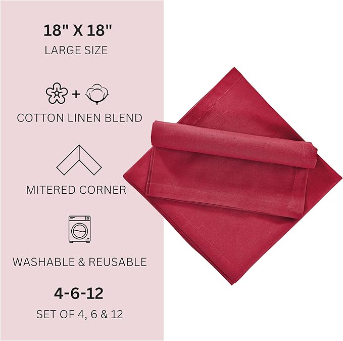 FINGERCRAFT Dinner Cloth Napkin Cotton Linen Blend 12 Pack Natural Premium Quality Mitred Corner for Every Day Use Pre Shrunk and Good Absorbency 18x18 in Easter Color Tango Red