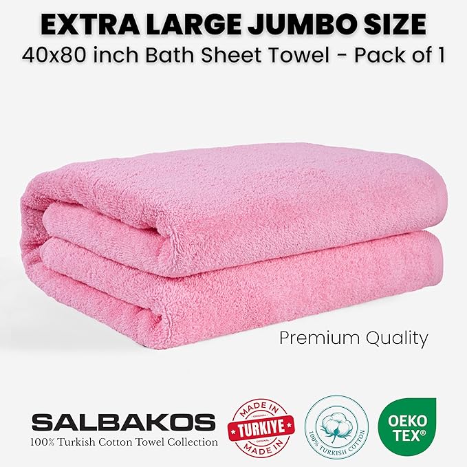 SALBAKOS Luxury 100% Turkish Cotton Bath Sheets 40x80 in Oversized Extra Large Bath Towels Pink Thick Soft Absorbent Turkish Towel for Spa Beach (Pack of 1, Rose, Jumbo Bath Sheet)