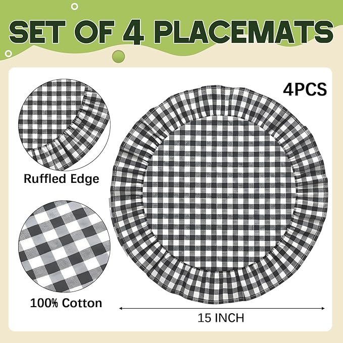 4 Pcs 15 Inch 100% Cotton Scalloped Round Placemats, Thin Black & White Gingham Place Mats with Ruffle, Washable Placemats Table Mats for Kitchen Dining Holiday Gatherings Decor