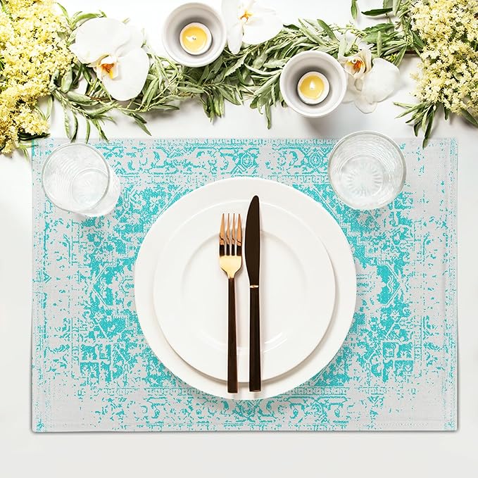 aportt Gray Aqua Turquoise Boho Placemats Set of 6 Ethnic Bohemian Carpet Place Mats Washable Kitchen Dining Vintage Grey Floral Linen Table Mats Stain Heat-Resistant for Home Party Indoor 12x18 in