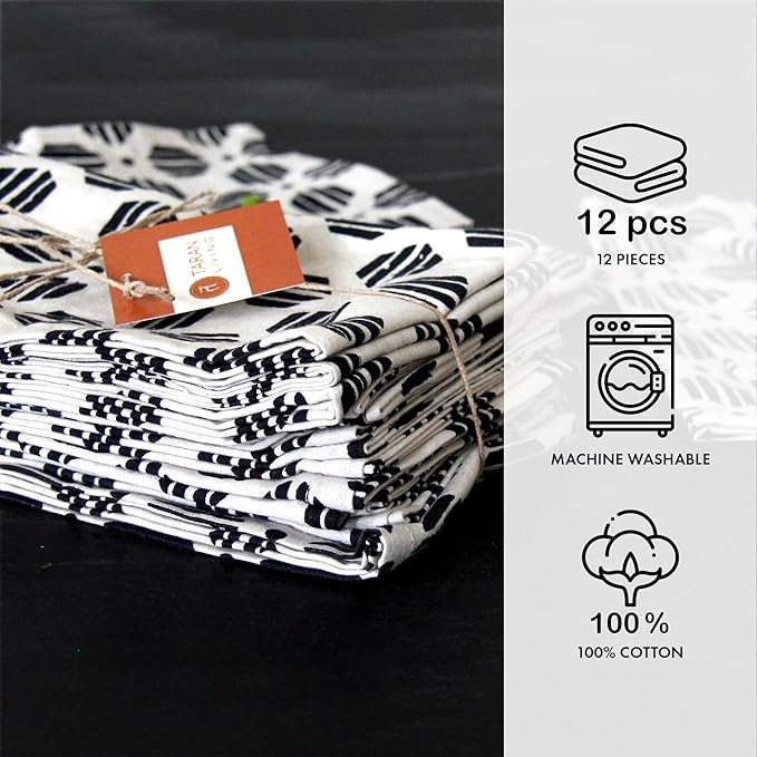Taran Geometric Beige Print Cotton Dinner Napkins Set of 12 | 18x18 Inches | 100% Natural, Reusable Linens for Dinner, Events, Weddings